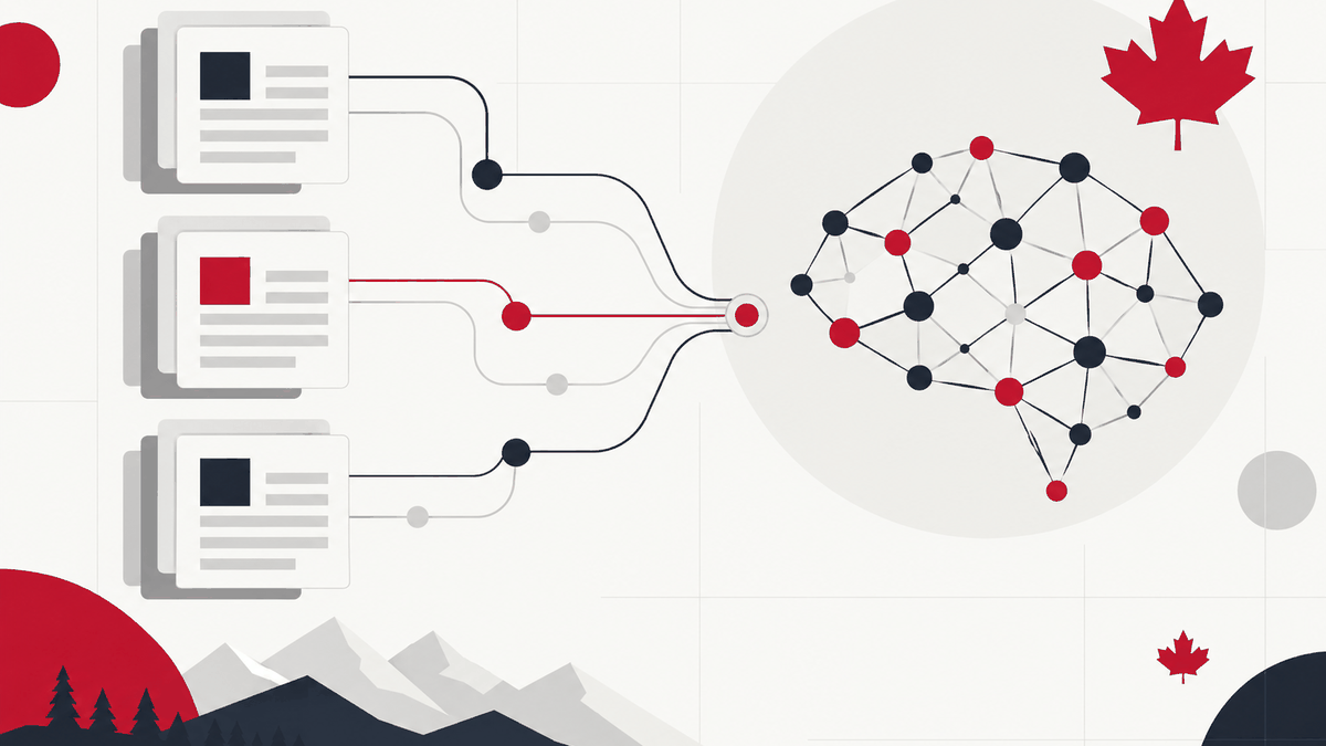 Illustration of company documents flowing into an AI network